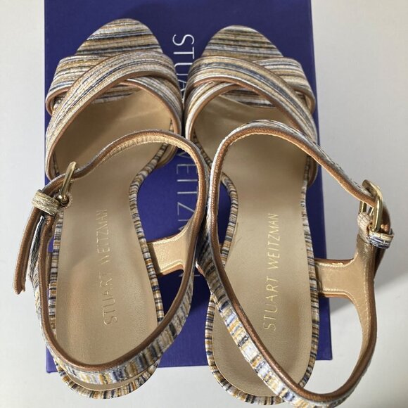 Womens Stuart Weitzman Sunlover Beige Weave Nappa Heeled Leather Sandal 9N - Picture 4 of 11
